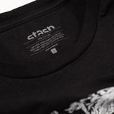 Close up of neck label on the black Stash Mix t-shirt