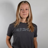 Model wearing the grey Stash Watermark logo t-shirt